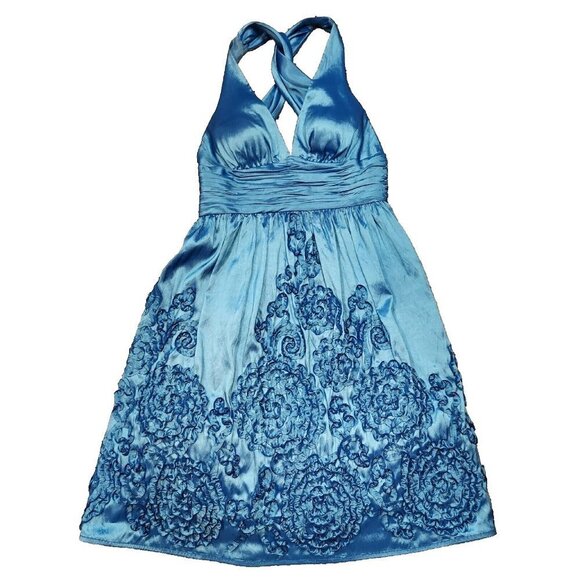 Adrianna Papell Dresses & Skirts - NEW Adrianna Papell Rosette Halter Dress Sz 6 Blue Shimmery Formal Prom